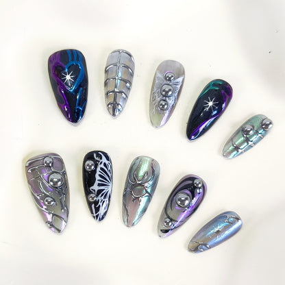 PO117 black & silver 3d chrome y2k press on nails