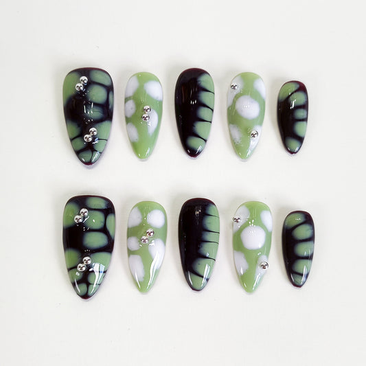 PO118 brown & green abstract press on nails