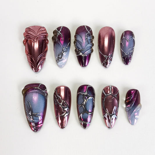 PO119 3d purple chrome abstract press on nails