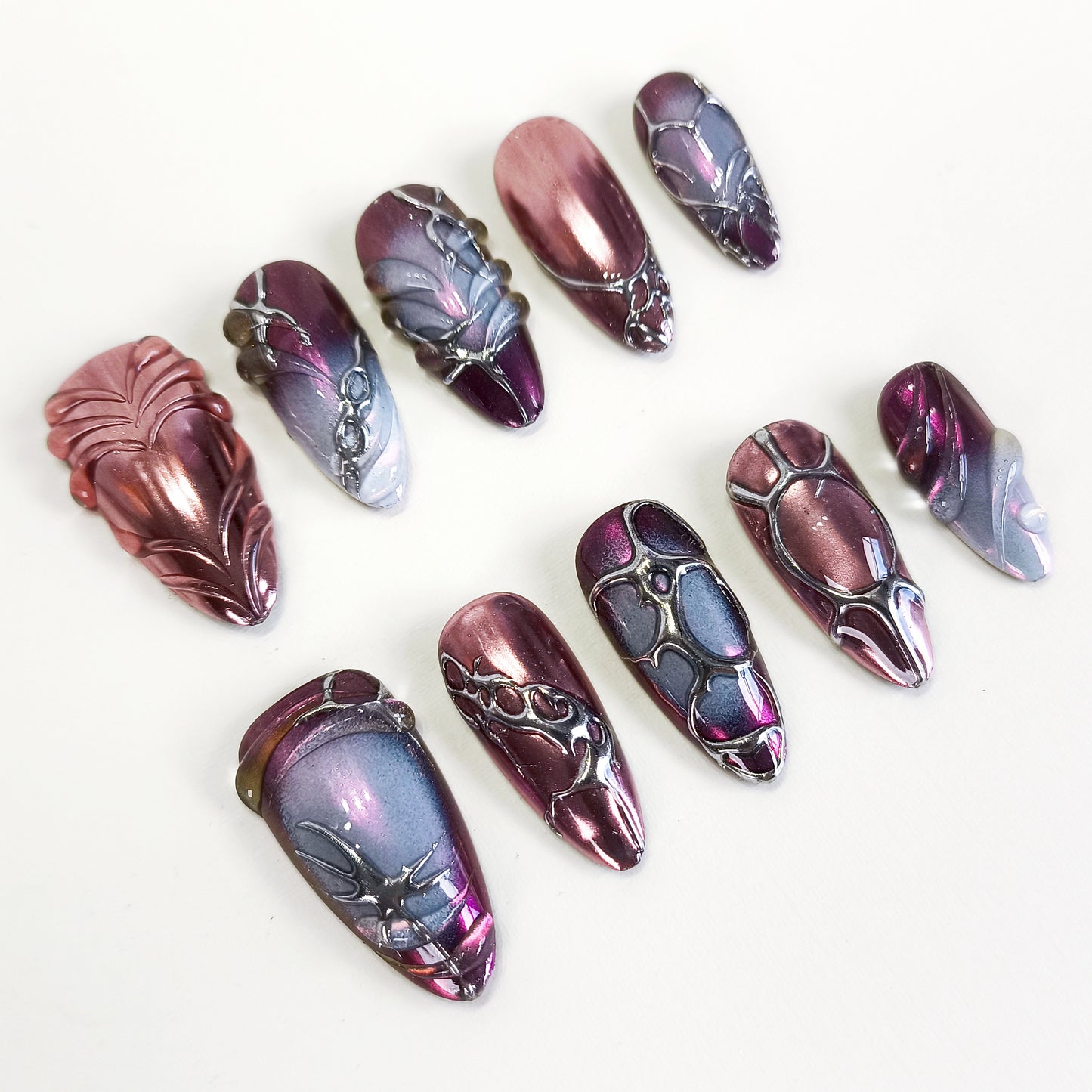 PO119 3d purple chrome abstract press on nails