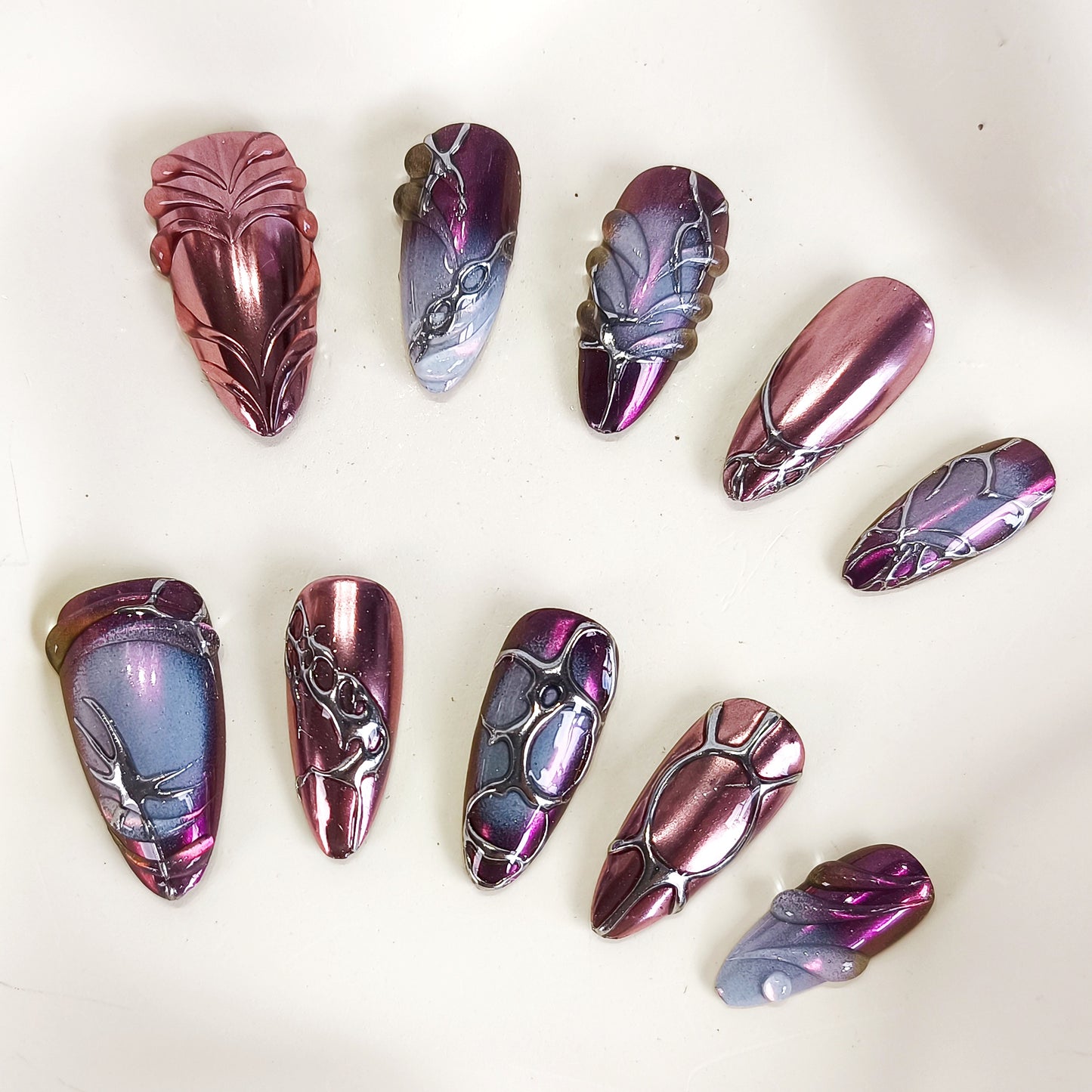 PO119 3d purple chrome abstract press on nails