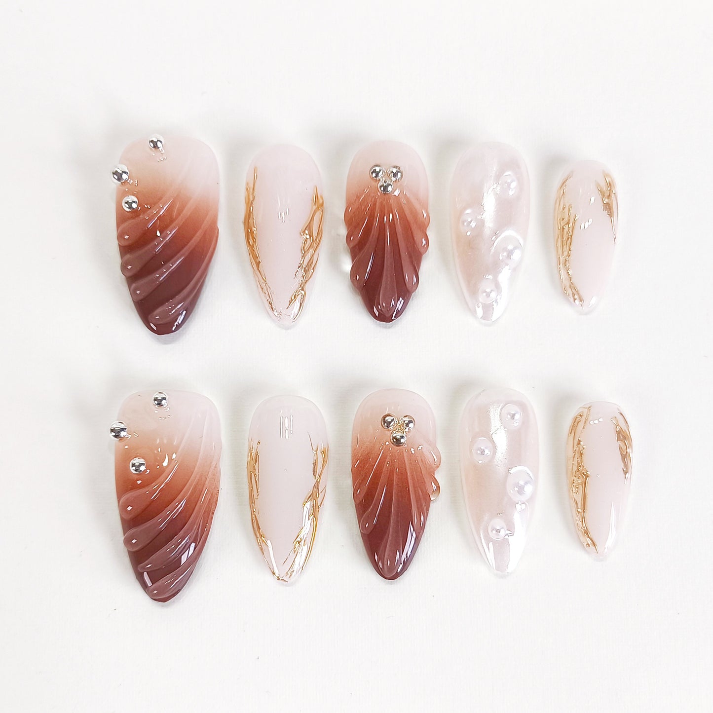 PO121 brown ombre pearl white 3d shell press on nails