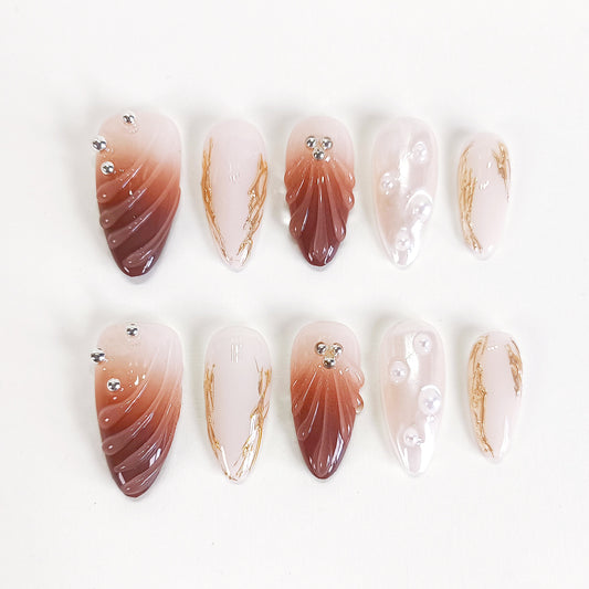 PO121 brown ombre pearl white 3d shell press on nails
