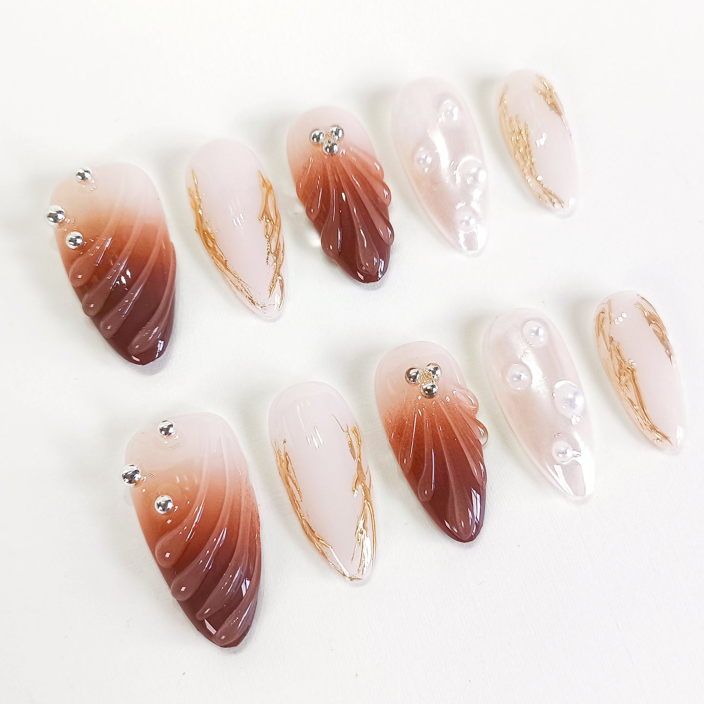 PO121 brown ombre pearl white 3d shell press on nails