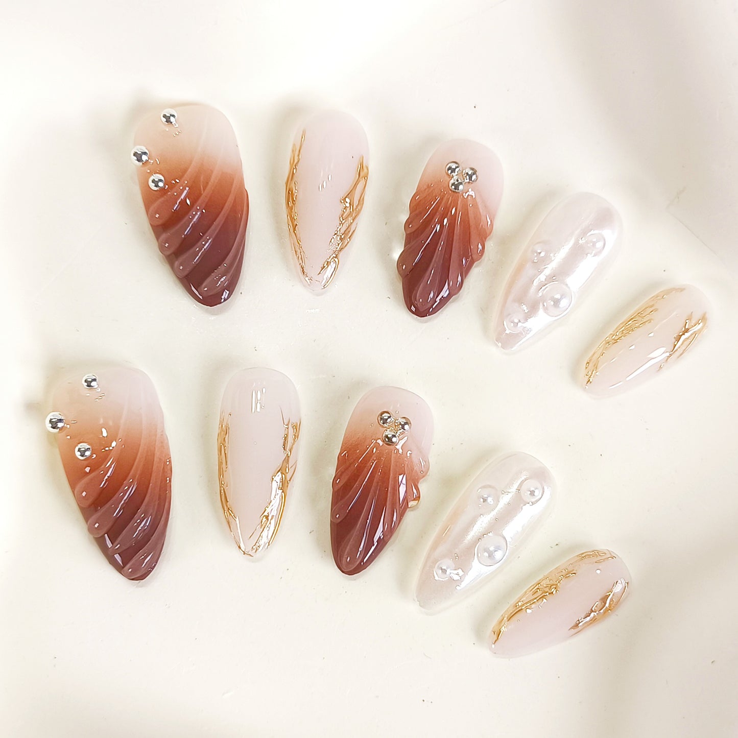 PO121 brown ombre pearl white 3d shell press on nails