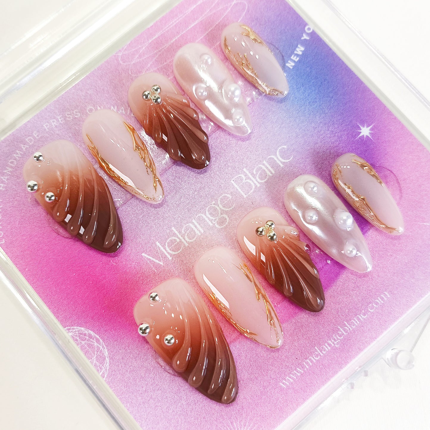 PO121 brown ombre pearl white 3d shell press on nails