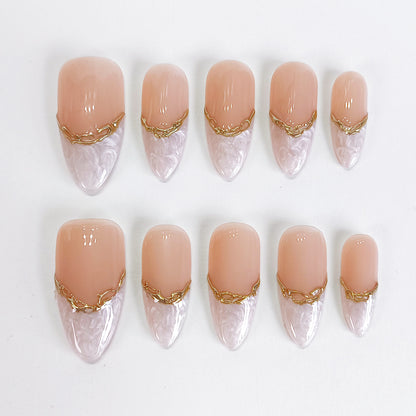 PO124 white marble gold chrome press on nails