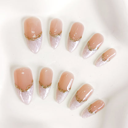 PO124 white marble gold chrome press on nails