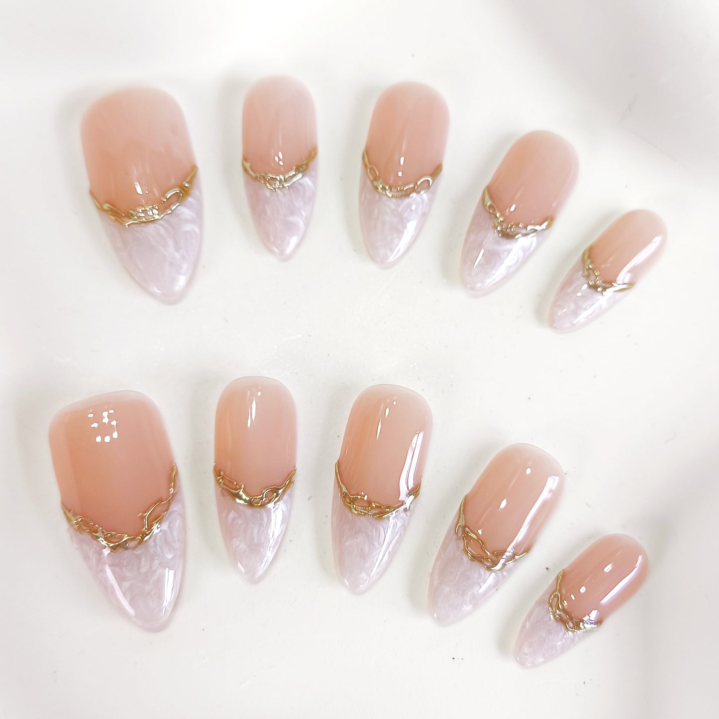 PO124 white marble gold chrome press on nails