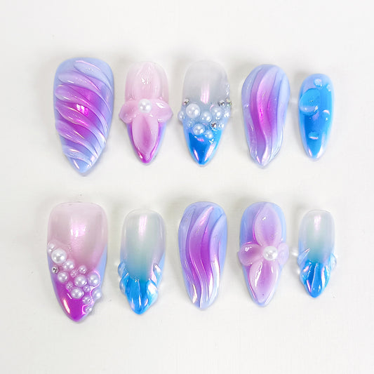PO126 3d blue ombre mermaid press on nails