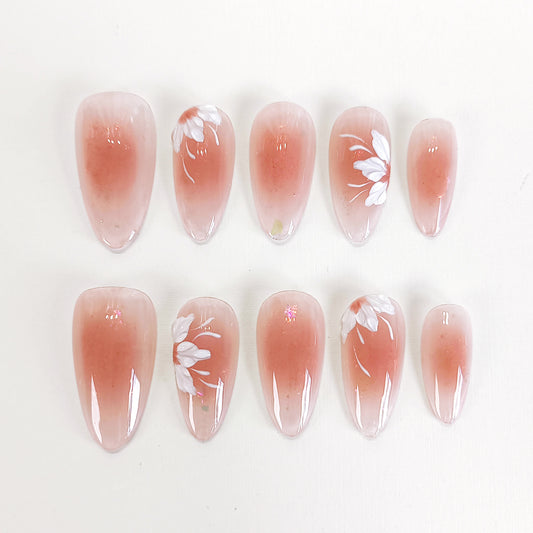 PO127 white flower blush aura almond press on nails