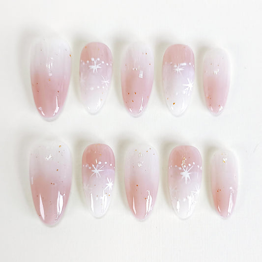PO128 blush ombre white star oval press on nails