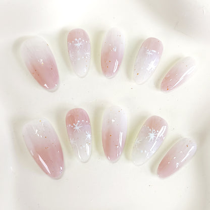 PO128 blush ombre white star oval press on nails