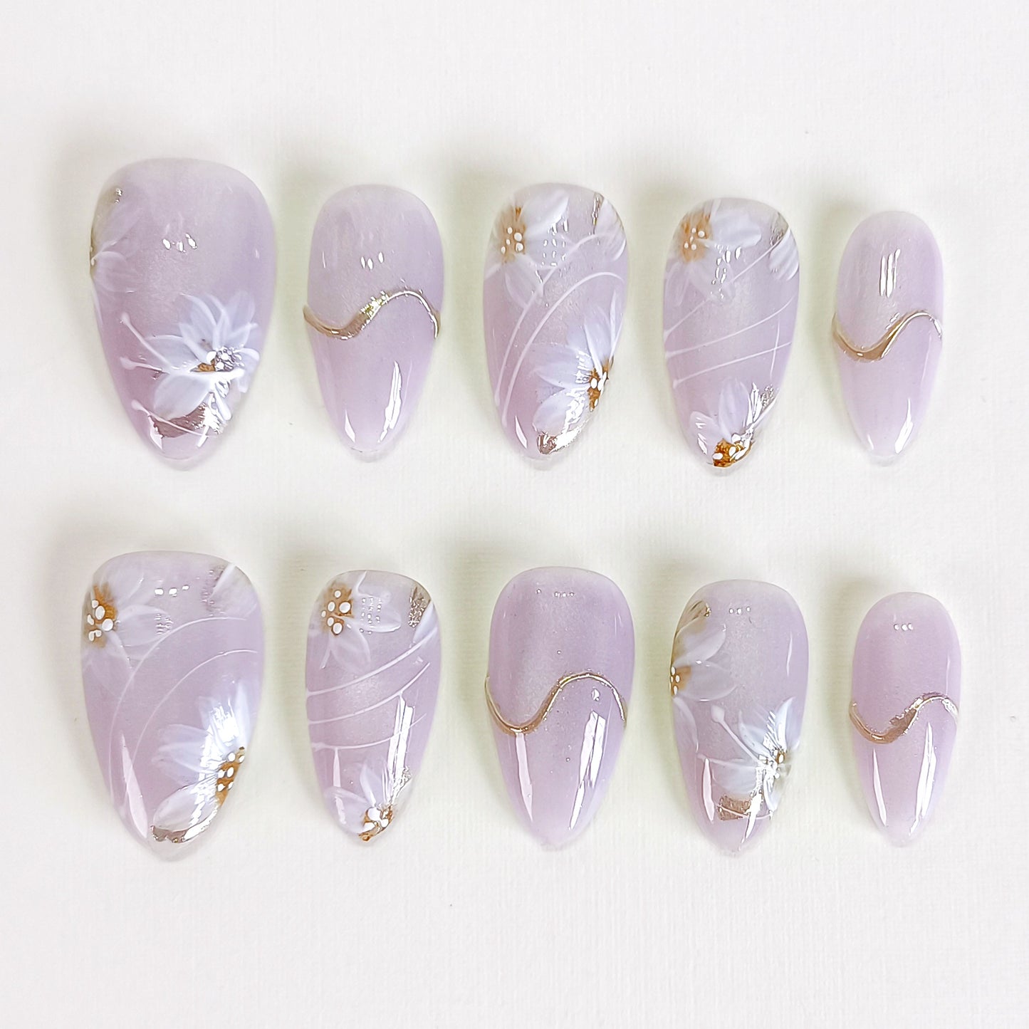 PO129 lilac flower cat eye chrome almond press on nails