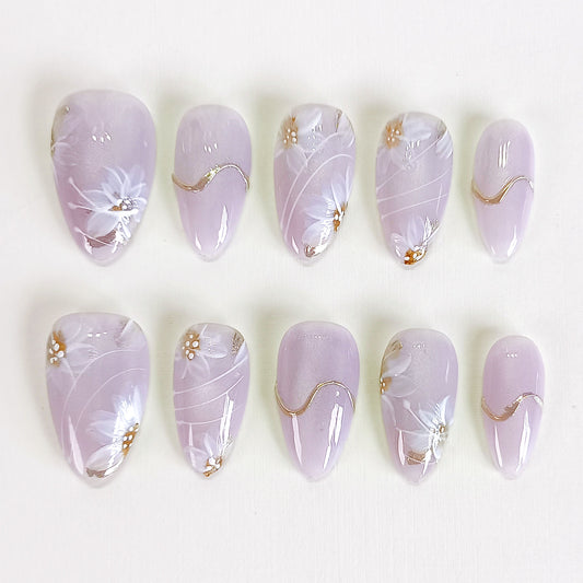 PO129 lilac flower cat eye chrome almond press on nails