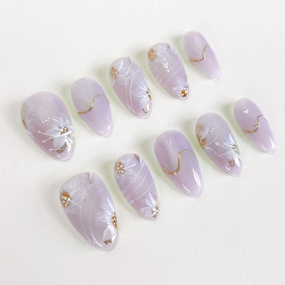 PO129 lilac flower cat eye chrome almond press on nails