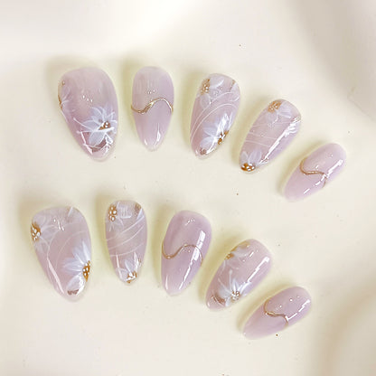 PO129 lilac flower cat eye chrome almond press on nails