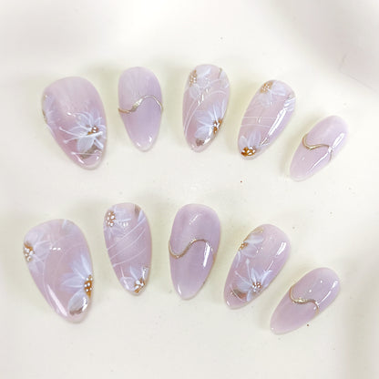 PO129 lilac flower cat eye chrome almond press on nails
