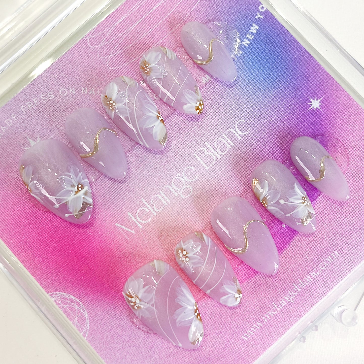 PO129 lilac flower cat eye chrome almond press on nails