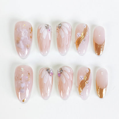 PO130 white flower gold chrome pearl oval press on nails