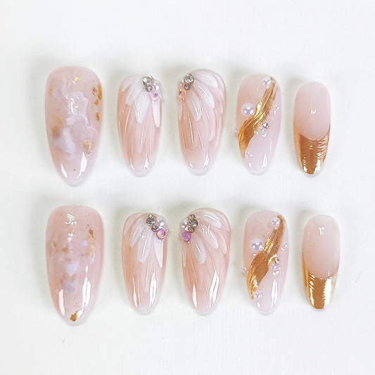PO130 white flower gold chrome pearl oval press on nails