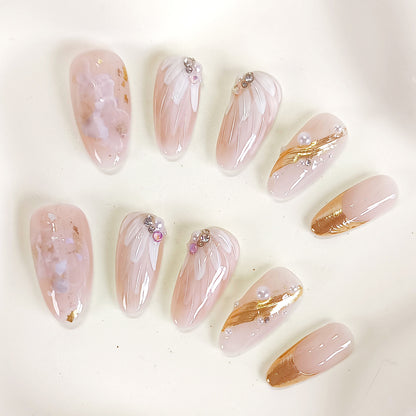 PO130 white flower gold chrome pearl oval press on nails