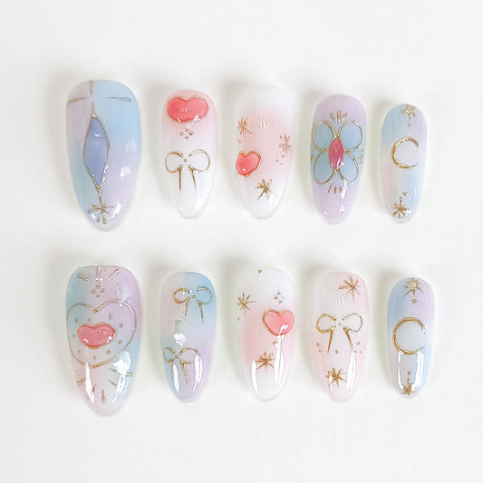 PO131 cute pastel blue aura oval press on nails