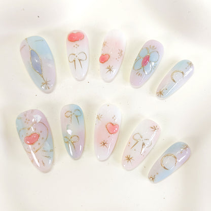 PO131 cute pastel blue aura oval press on nails