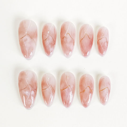 PO132 pink marble gold chrome almond press on nails