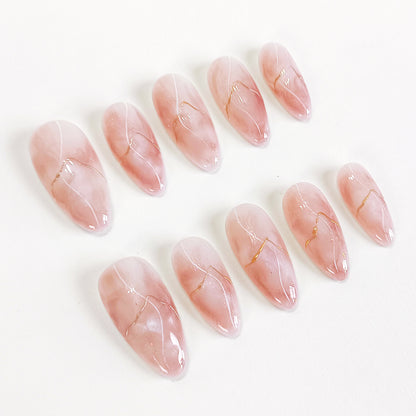 PO132 pink marble gold chrome almond press on nails