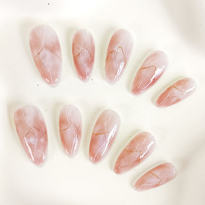 PO132 pink marble gold chrome almond press on nails