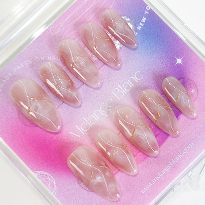 PO132 pink marble gold chrome almond press on nails