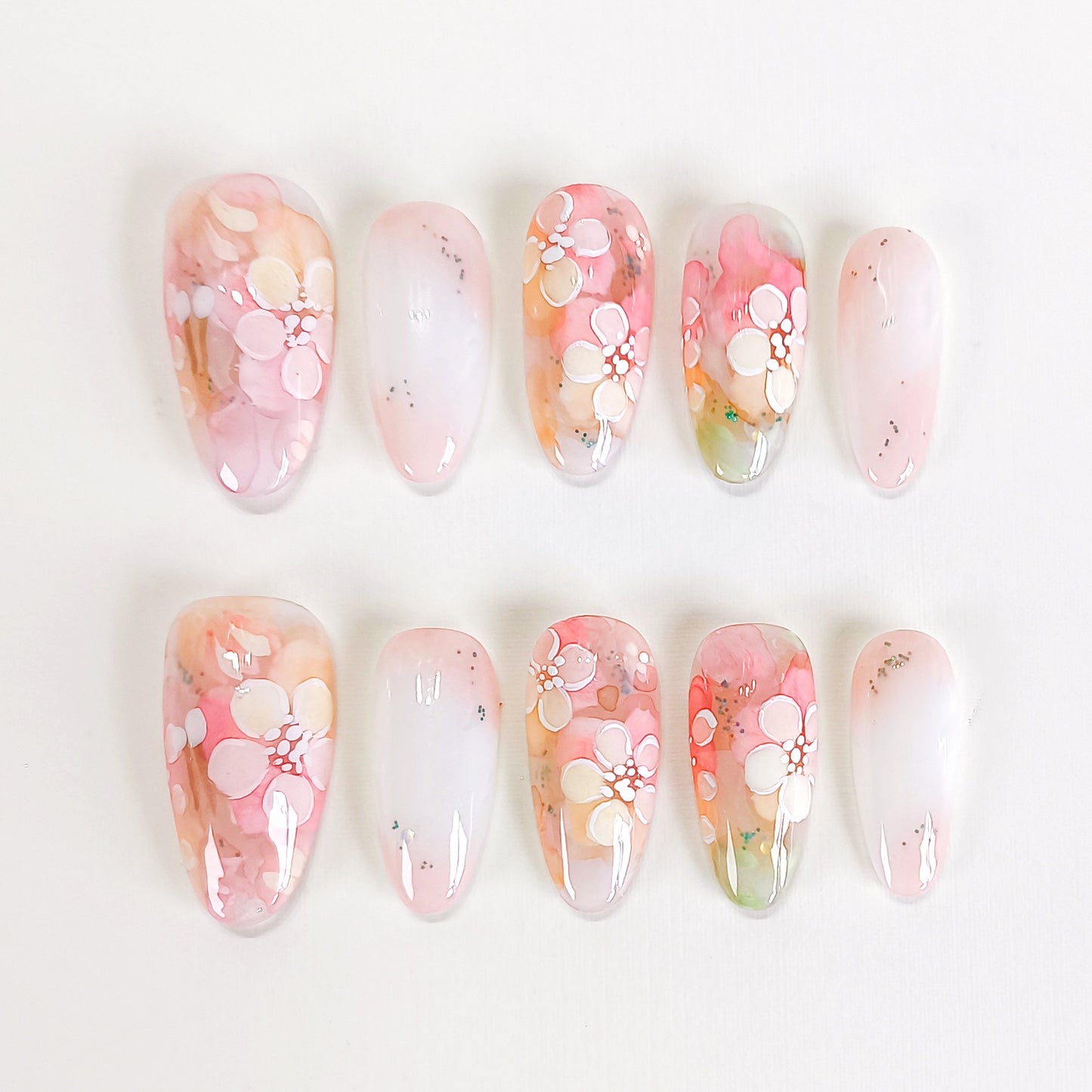 PO133 hand painted flower oval press on nails