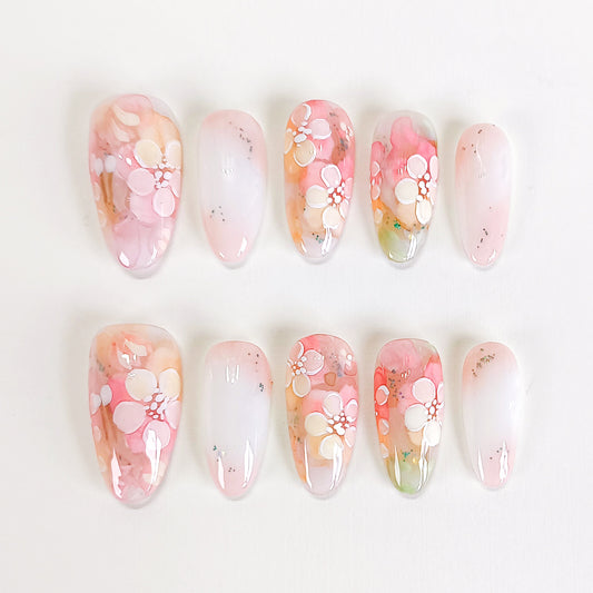 PO133 hand painted flower oval press on nails