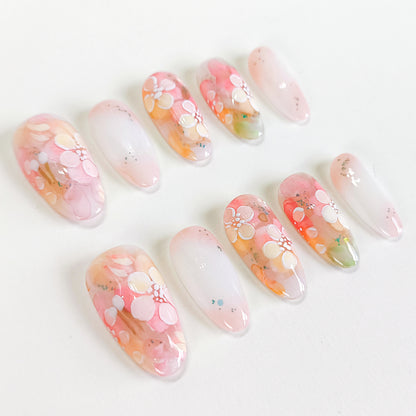 PO133 hand painted flower oval press on nails