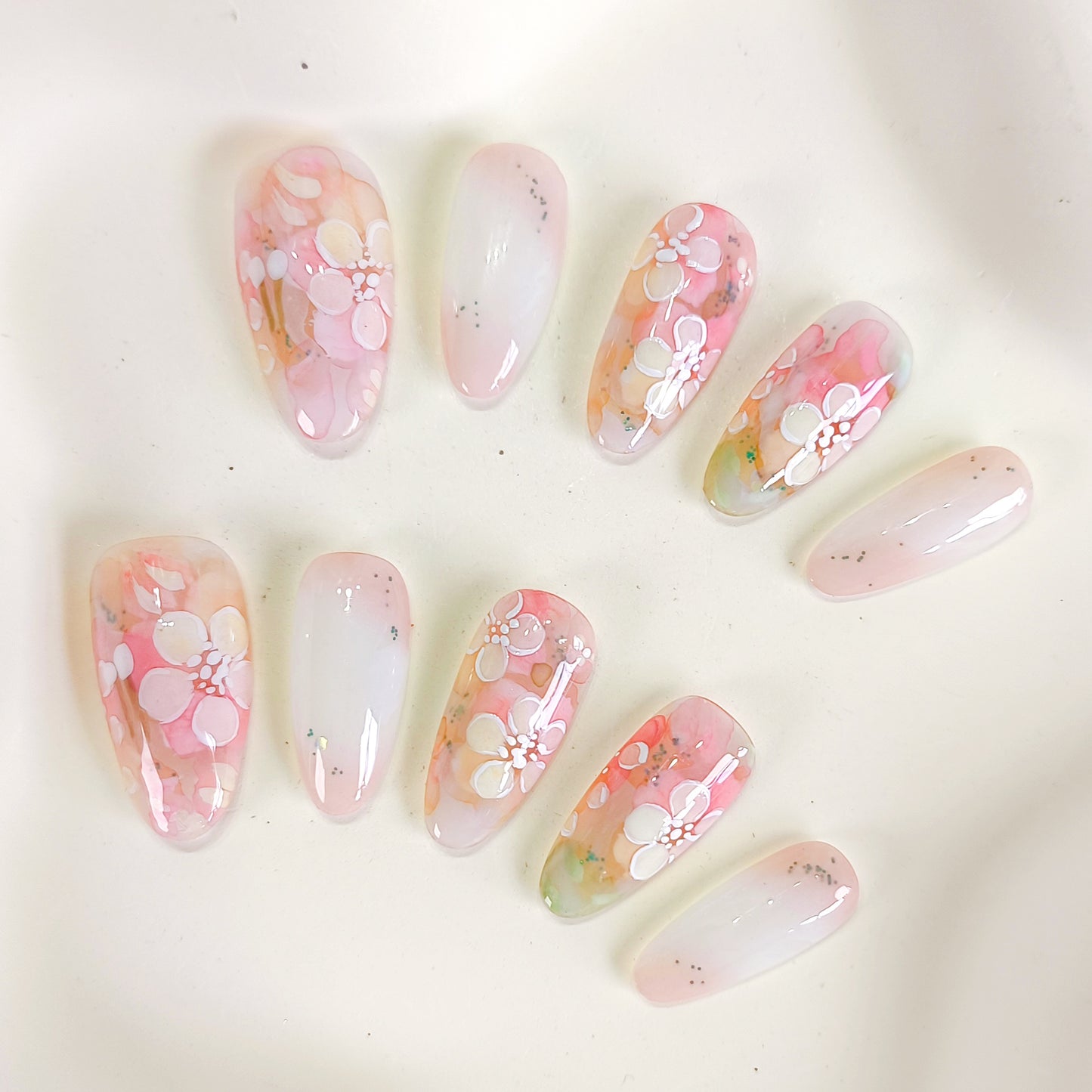 PO133 hand painted flower oval press on nails