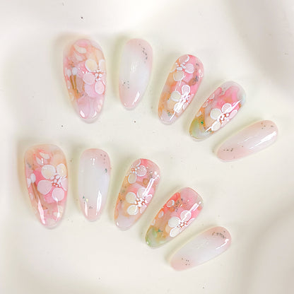 PO133 hand painted flower oval press on nails