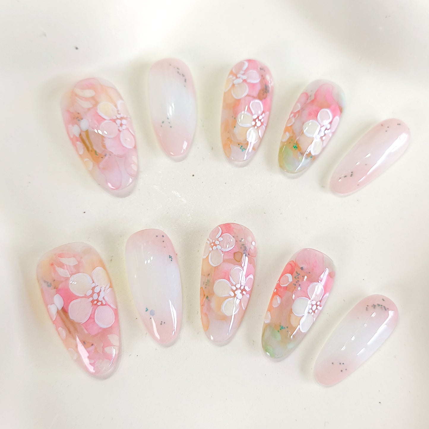 PO133 hand painted flower oval press on nails