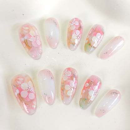 PO133 hand painted flower oval press on nails