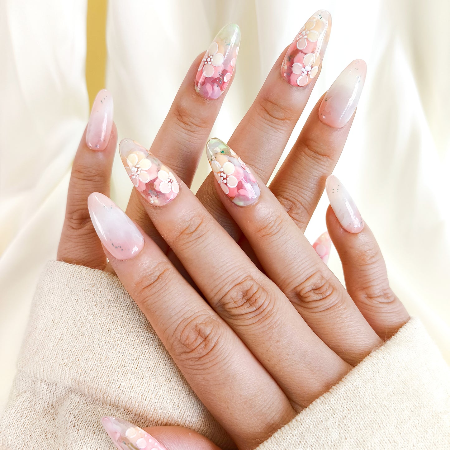 PO133 hand painted flower oval press on nails