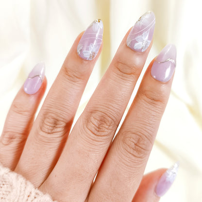 PO129 lilac flower cat eye chrome almond press on nails