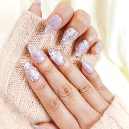 PO129 lilac flower cat eye chrome almond press on nails