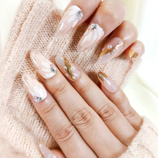 PO130 white flower gold chrome pearl oval press on nails