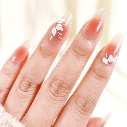 PO127 white flower blush aura almond press on nails