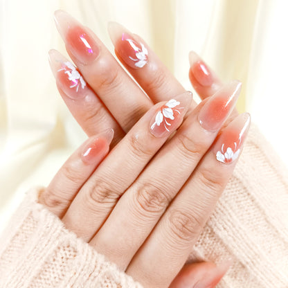 PO127 white flower blush aura almond press on nails
