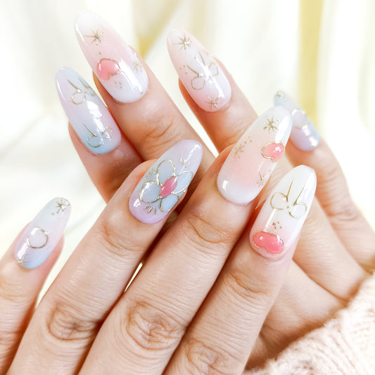 PO131 cute pastel blue aura oval press on nails