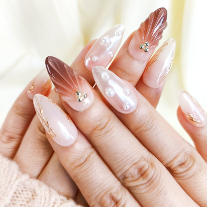 PO121 brown ombre pearl white 3d shell press on nails