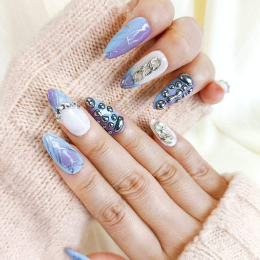 PO115 Purple Blue 3D silver chrome Press On Nails with chains