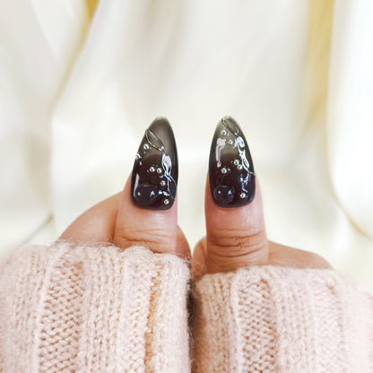 PO116 black Silver 3D Chrome Nails with Rhinestone gems