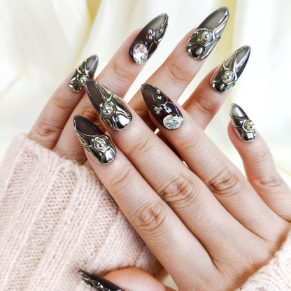 PO116 black Silver 3D Chrome Nails with Rhinestone gems
